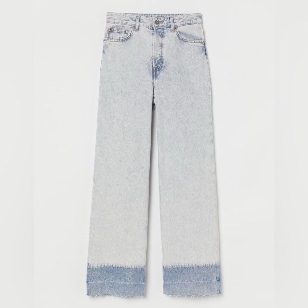 H&M Flare Ankle Wide High Ankle Raw Hem Jeans Stonewash Button Fly